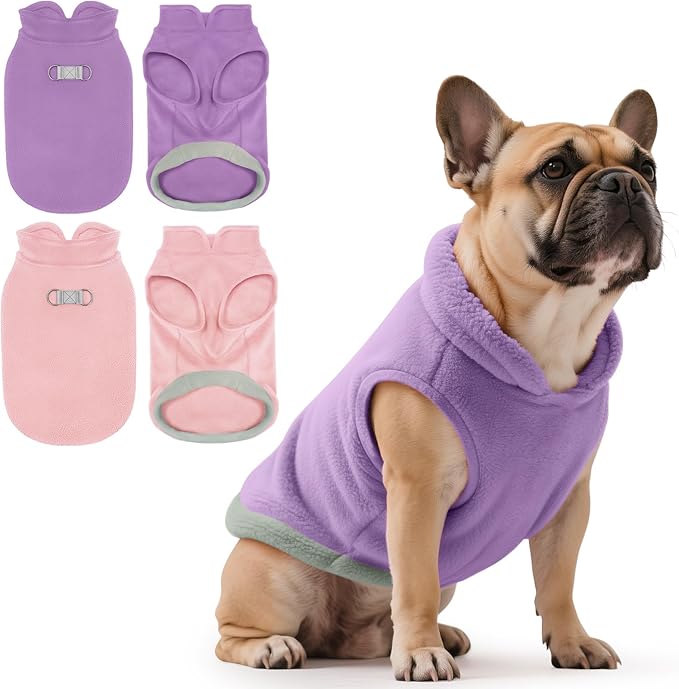 Idepet 2 Pack Dog Fleece Vest Sweater Warm Pullover Jacket with D-Ring Leash Reflective Winter Coat Hoodie for Puppy Cat French Bulldog Pug Chihuahuas Yorkies Dachshunds(Purple&Pink,XX-Large)