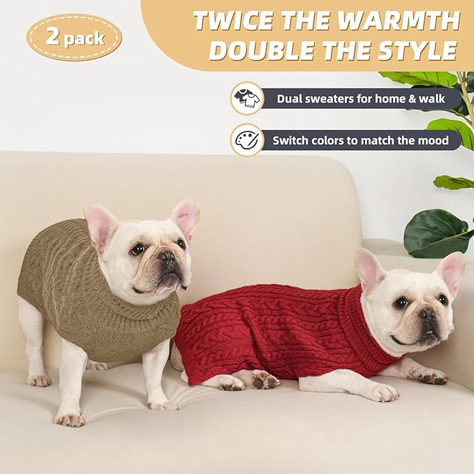 2 Pack Dog Sweaters for Medium Dogs Turtleneck Pullover Cable Knit Stretch Clothes French Bulldog Dachshund Boston Terrier Corgi Beagle Pug Boy Girl Pets Winter Clothes (L, Red & Brown)