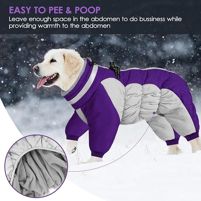 SUNFURA Full Body Dog Coat - Warm Fleece Jacket for Medium Dogs, Turtleneck Winter Coats with Harness, Reflective Dog Snowsuit Windproof Puffer Jackets with Legs for Boston Terrier, Purple M