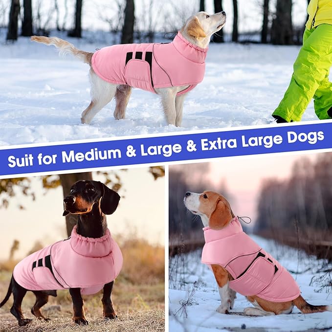 ASENKU Extra Warm Dog Coat - Winter Jacket with Fleece, Reflective, Adjustable, Zippered Leash Hole for Large Dogs, Turtleneck (Pink, 4XL)