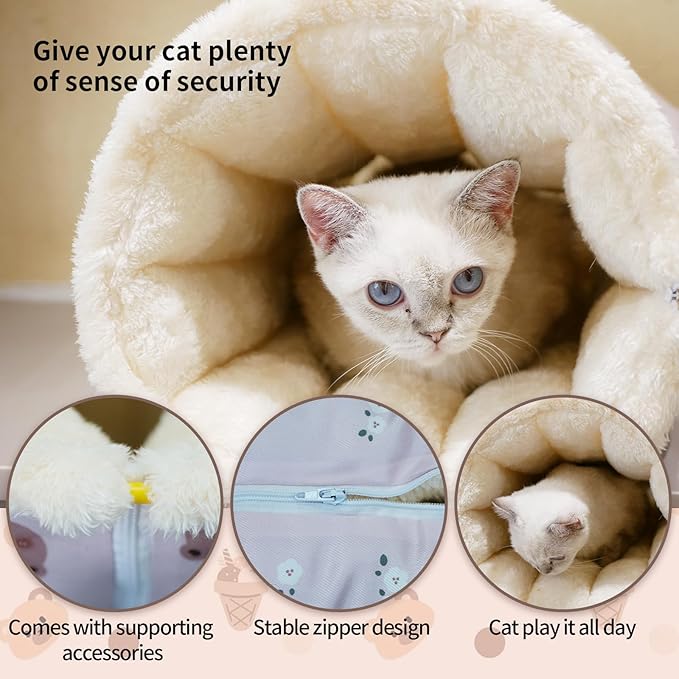 Geometric Cat Tunnel Toy with Winter Warm Cat Bed, Reversible Plush & Fleece, Collapsible Pet Play Mat for Indoor Rabbits, Kittens, Ferrets,Puppy,Diameter 11 Inch (Pink)