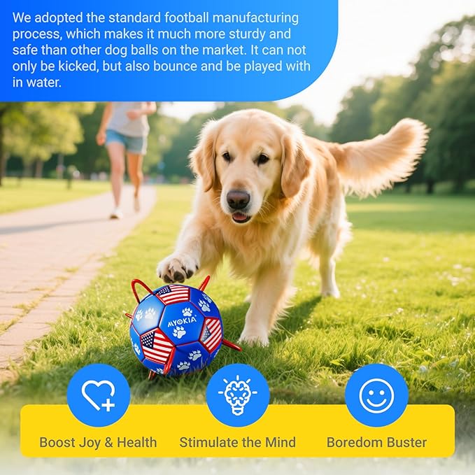 Size 2 Dog Soccer Ball with Straps Durable Training Ball for Pets Interactive Outdoor Dog Toy, Blue & Red, Paw Prints Flag Design, for Small to Medium Puppies, Pet Supplies