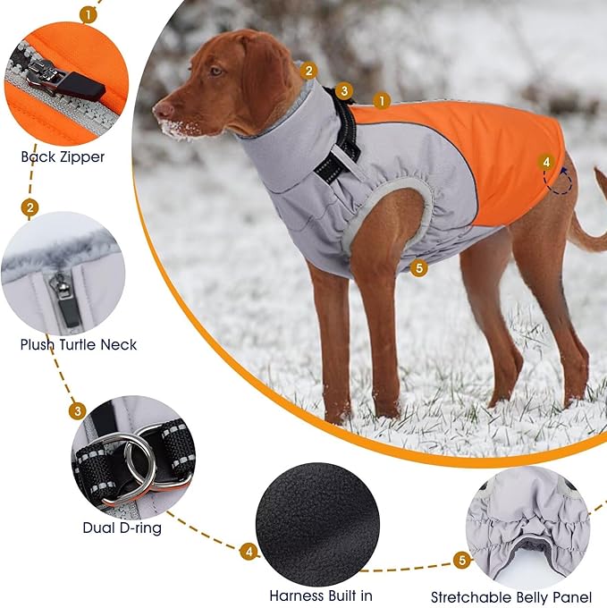 Reflective Dog Coat with Harness Built in,XL Soft Warm Dog Jacket for Cold Weather,Windproof Snowproof Pet Vest for Outdoor Walking Hiking,Adjustable Collar Easy On/Off,Orange,XL