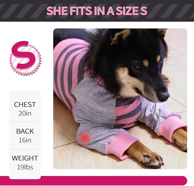 FUAMEY Dog Recovery Sleeve with Elbow Protector,Dogs Shirt Stop Licking Joints,Pet Long Sleeve Suit Protecting Dog's Front Leg Arm Wounds Cover Skin Conditions Pink Stripes L