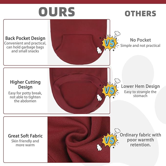 KOOLTAIL Basic Dog Hoodie - Soft and Warm Dog Hoodie Sweater with Leash Hole and Pocket, Dog Winter Coat, Cold Weather Clothes Sweatshirt for Small Medium Large Dogs Puppy Cat Boys Girls Deep Red L