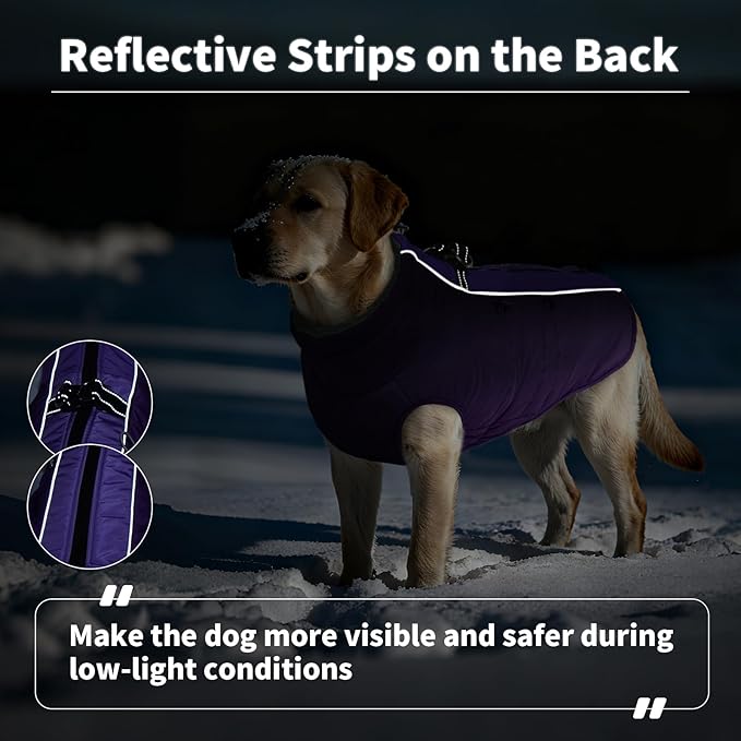 IDOMIK Warm Dog Coat with Harness, Waterproof Reflective Dog Jackets for Small Medium Large Dogs, Fleece High Collar Winter Jacket with Zipper, Pet Winter Snowsuit Clothes for Cold Weather,Purple 2XL