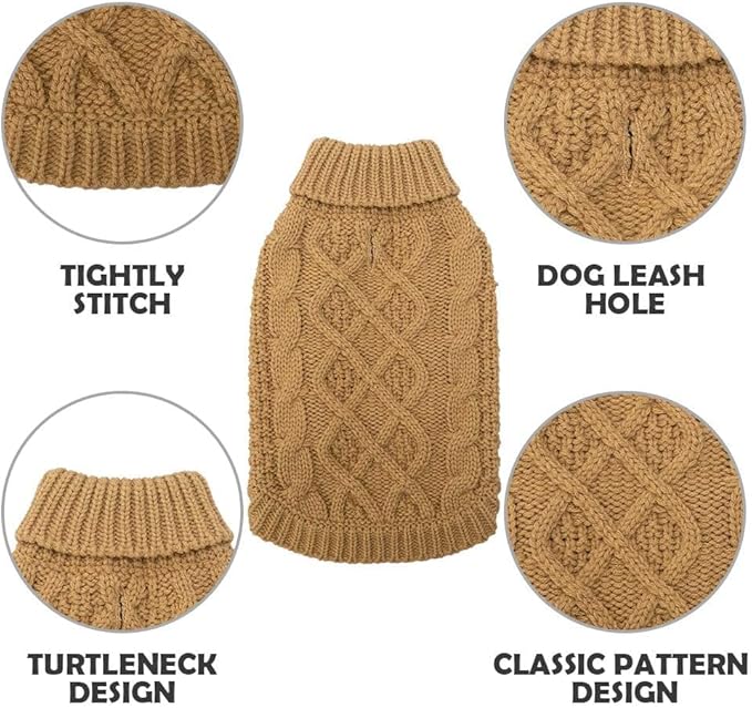 Mihachi Turtleneck Dog Sweater - Winter Coat Apparel Classic Cable Knit Clothes with Leash Hole for Cold Weather, Ideal Gift for Pet in New Year Khaki X-Small