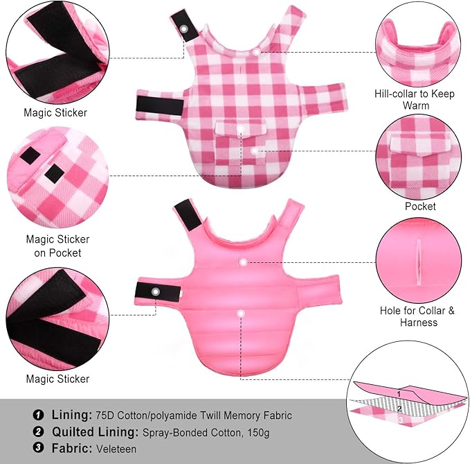 ASENKU Dog Winter Coat, Fleece Doggie Jacket Plaid Reversible Vest Waterproof Windproof Cold Weather Clothes for Small Medium Large Dogs (S, Pink)