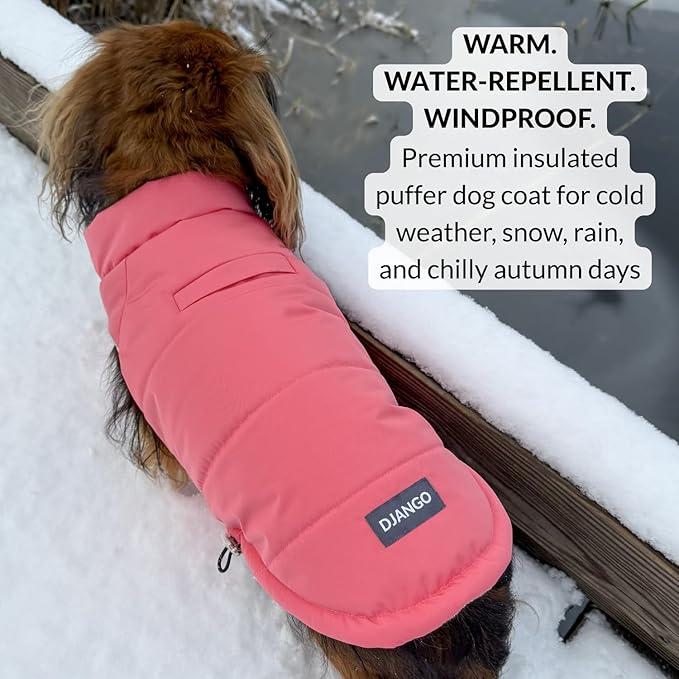 DJANGO Puffer Dog Coat – Warm Winter Dog Jacket & Water-Repellent Insulated Puffer Vest with Striped Lining, Harness Hole, Adjustable Fit for Small & Medium Dogs, Dachshunds – Rose Petal Pink, Medium