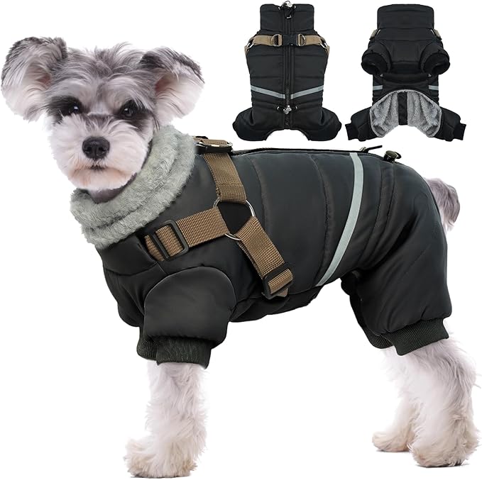 BRKURLEG Black Dog Coat with Harness, Dog Winter Jacket, Dogs Onesie Body Warm Jackets, Small Dogs Winter Coats Reflective Windproof Warm Cold Weather Coats, Pet Waterproof Jacket Hiking L