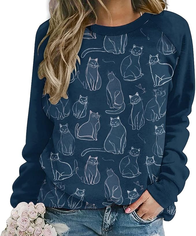 Abstract Cute Cat Shirts for Women Long Sleeve Lady Crewneck Pullover Sweatshirt Fall Winter Oversized Tops