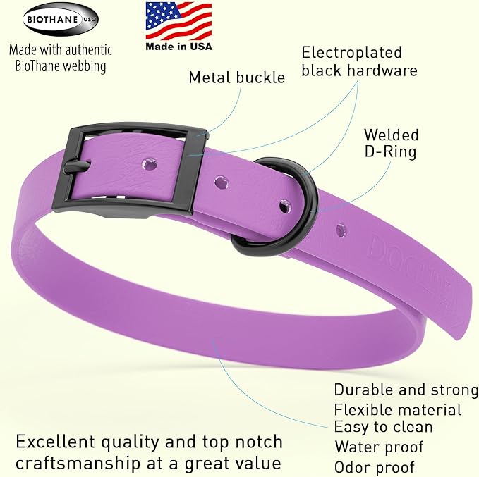 Dogline Biothane Waterproof Dog Collar Strong Coated Nylon Webbing with Black Hardware Odor- Proof for Easy Care Easy to Clean High Performance Fits Small Medium or Large Dogs, Amethyst Purple