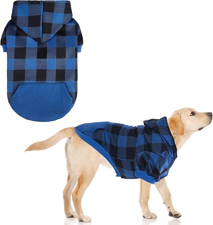 KOOLTAIL Plaid Dog Hoodie Pet Clothes Sweater with Hat and Pocket for Small Medium Large Size Dogs, Soft Winter Warm Dog Cold Weather Coat, Fleece Fall Dog Hooded Sweatshirt for Puppy Cats, Blue L