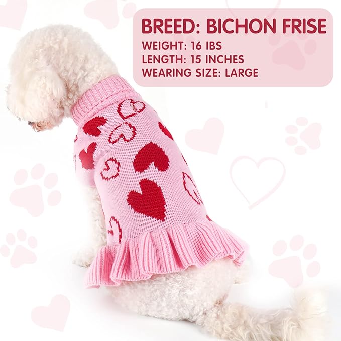 cyeollo Dog Sweater Dress Valentines Day Dog Clothes Pullover Turtleneck with Leash Hole Heart Pattern Holiday Theme Female Pet Apparel for Small Dogs