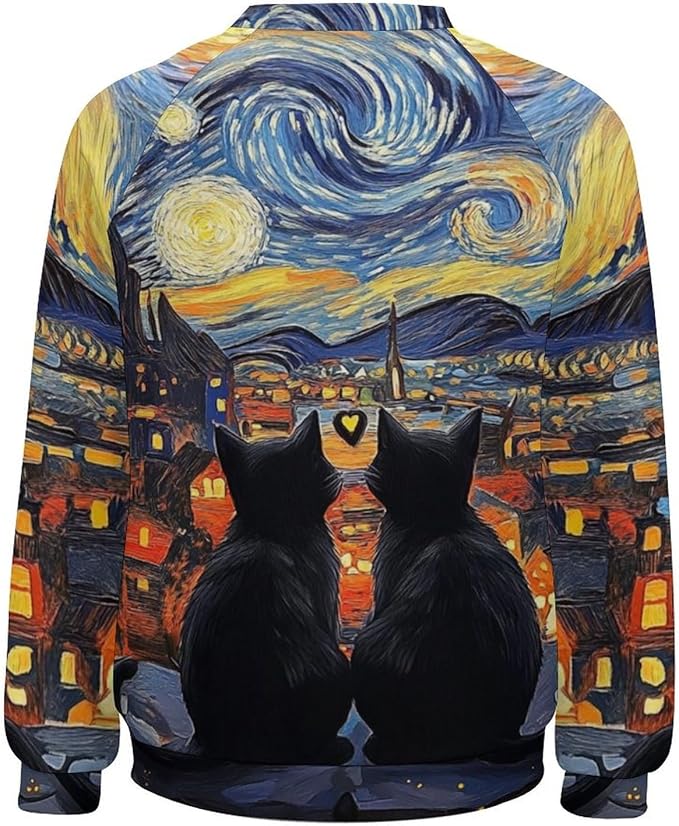 Long Sleeve Shirts for Women Cat Oil Painting Shirt 3D Graphic Sweatshirts Fall Pullover Crewneck Vintage Boho Tops