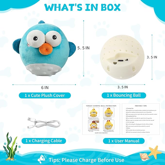 Interactive Dog Toy Ball, Rechargeable Jumping Plush Toy with Motion Activation for Small Large Dogs, Squeaky Moving Bouncing Ball for Pets Keep Busy Reduce Boredom, No Loud Music (Puffer)