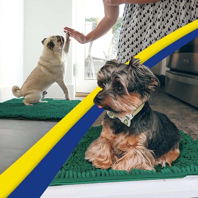Muddy Mat® AS-SEEN-ON-TV Highly Absorbent Microfiber Dog Door Mat and Pet Rug, Non Slip Thick Washable Area and Bath Mat Soft Chenille for Kitchen Bathroom Bedroom and Indoor-Dark Green Runner 24"X60"