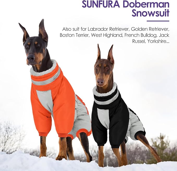 SUNFURA Full Body Dog Coat - Warm Fleece Jacket for Large Dogs, Turtleneck Winter Coats with Harness, Reflective Dog Snowsuit Windproof Puffer Jackets with Legs for French Bulldog, Black L