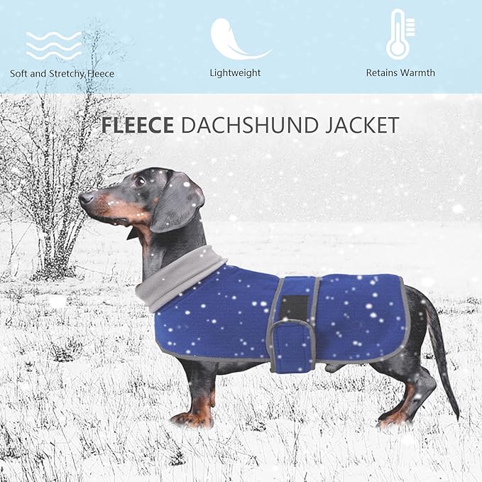 Geyecete Dachshund Sweaters - Dachshund Dog Jacket, Winter Coat with Padded Fleece Lining and High Collar, Snowsuit with Adjustable Bands - Blue - S