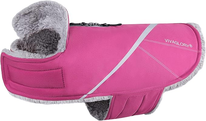 VIVAGLORY Snowrap Dog Coat, Jacket with Harness Hole & Velcro Closure, Dog Coat for Winter & Cold Weather, Fluffy Warm Fleece Lined Reflective Water Resistant for Puppy, L, Fuchsia