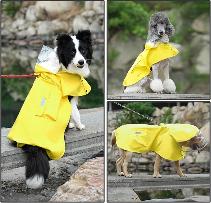 Dog Raincoat Waterproof, Adjustable Reflective Hooded Dog Rain Poncho with Leash Hole for Small Medium Large Dogs(Yellow, XX-Large)