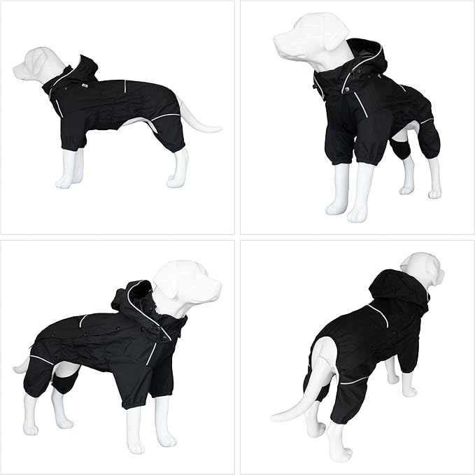 LOVELONGLONG Fleece-Lined Dog Raincoat with Removable Hood – Waterproof Winter Full Body Dog Jacket – Windproof Snowproof Cold-Weather Suit – Black-F M