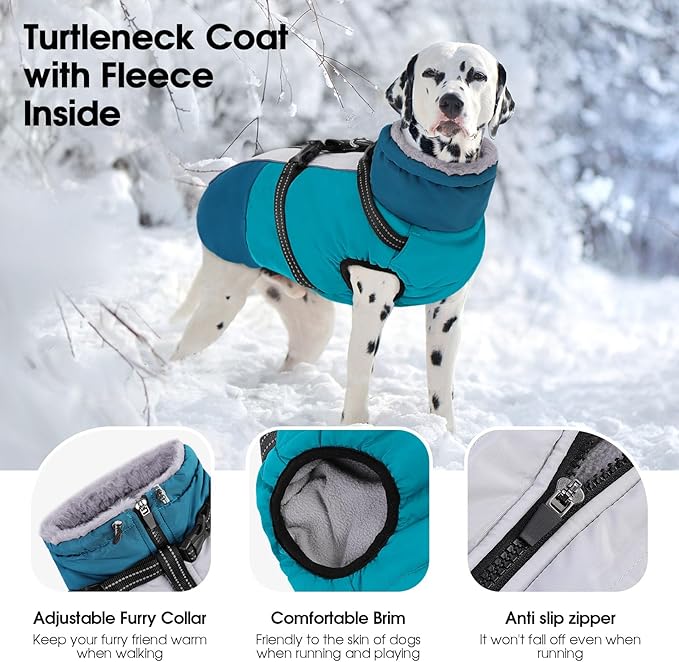 SUNFURA Dog Coat, Dog Jacket for Large Dogs with Harness Built in, Warm Pet Winter Coat Zip Up Snow Jacket with Furry Collar for Boston Terrier, French Bulldogs, Turquoise L