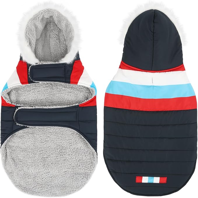 HDE Dog Puffer Jacket Fleece Lined Warm Dog Parka Winter Coat with Harness Hole Patriotic - S