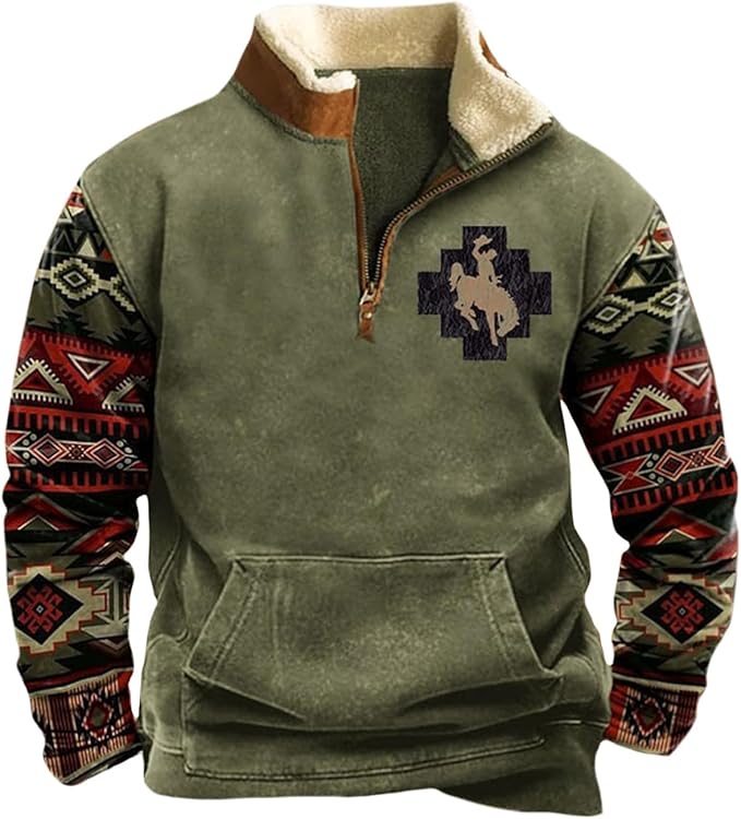 HOTYD Western Jackets for Men Cowboy Sweatshirts Vintage Ethnic Graphic Casual Long Sleeve Top 1/4 Zip Pullover Hoodies