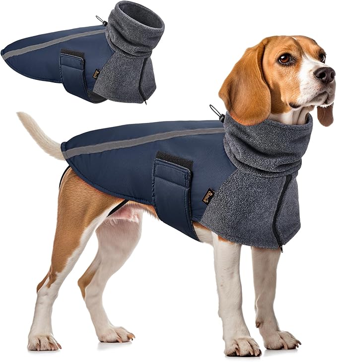 SlowTon Winter Dog Coat, Warm Polar Fleece Lining Doggie Outdoor Jacket with Turtleneck Scarf Reflective Stripe Adjustable Waterproof Windproof Puppy Vest Soft Pet Outfits (M,Dark Blue)