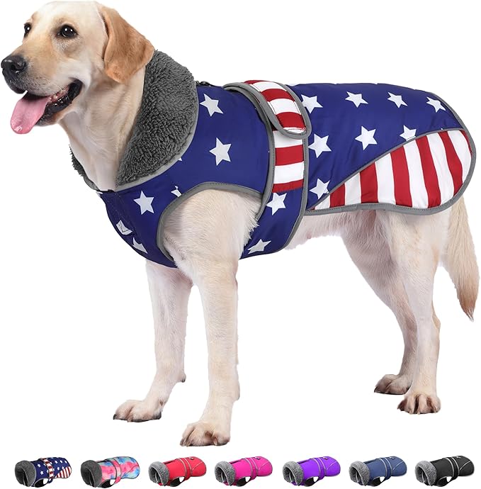 Dogcheer Dog Coat, American Flag Dog Jacket Waterproof Puppy Winter Coat for Cold Weather, Reflective Adjustable Pet Snow Jacket Fleece Sweater for Small Medium Large Dogs - USA Flag, M