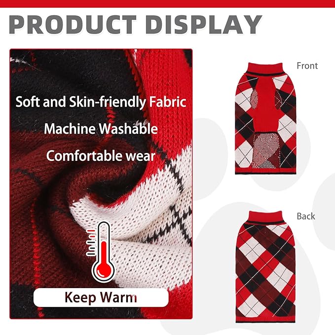 KOOLTAIL Dog Sweater Pet Knitted Clothes-Classic Plaid Pullover Turtleneck Red Fleece Dog Christmas Sweaters with Leash Hole, Thick Warm Dog Winter Clothes for Small Medium Large Dogs Cats Puppy, ML