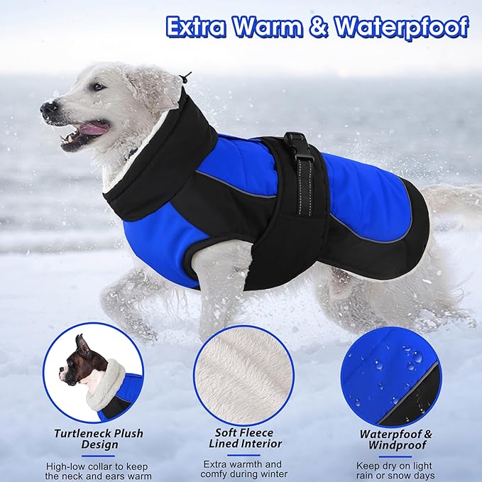 Dogcheer Waterproof Dog Coat, Christmas Dog Winter Jacket, Adjustable Puppy Fleece Coat for Cold Weather, Reflective Turtleneck Snow Jacket for Small Medium Large Dogs - Blue, 3XL