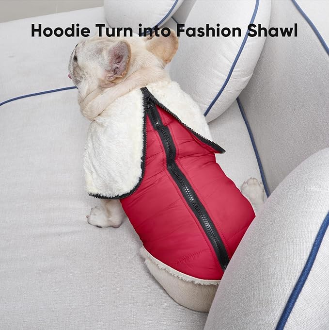 Fleece Lining Dog Hoodie with Harness Built in,Extra Warm Small Dog Jacket in Winter Puppy Coats with Hooded,Red M