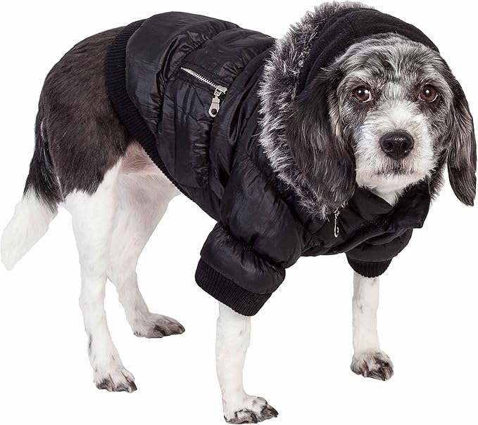 Pet Life Classic Metallic Winter Dog Coat with Zippered Removable Fur Hood - Dog Jacket Features 3M Thinsulate Insulation Warming Technology - Dog Clothes Sizing fits Small, Medium and Large Dogs,Black