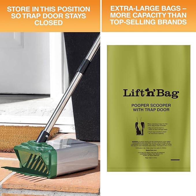 Neater Pet Brands Lift N’ Bag 2.0 Dog Pooper Scooper with Bag Attachment & 27" Pole for Small to Large Dogs, New & Improved Design, 15 Refill Bags, Heavy Duty Dog Poop Scooper for Yard, One-Hand Use