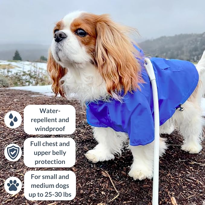 DJANGO Highland Dog Jacket & Raincoat – Water-Repellent, Lined Dog Coat with Hood, Adjustable Fit & Harness Hole – Lightweight Rain & Wind Jacket for Small & Medium Dogs up to 30 lbs (Blue, Large)