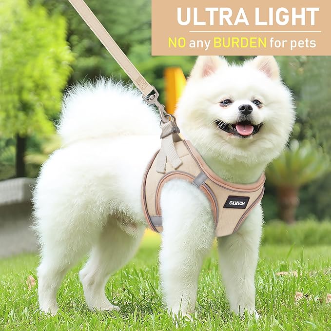 GAMUDA Small Pet Harness Collar and Leash Set, Step in No Chock No Pull Linen Fabric Soft Mesh Dog Vest Harnesses Reflective for Dogs Puppy Cats Kitten Rabbit (Khaki, S)
