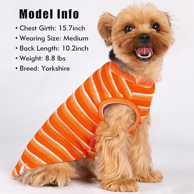 KYEESE 2Pack Waffle Dog Shirts for Small Dogs Stretchy T-Shirts Lightweight Tank Top Sleeveless Striped Shirt Vest Breathable Cat Shirt, Large, Orange+Striped