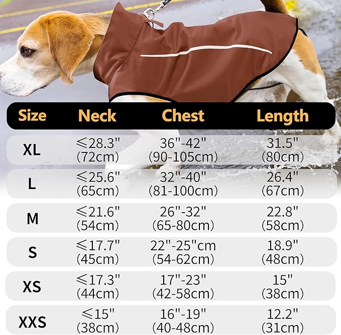 Mile High Life Dog Raincoat, Adjustable Waterproof Reflective Rain Jacket for Small Medium Large Dogs, Lightweight Breathable Pet Rain Coat with Leash Hole(Brown,XS Chest 17-23")
