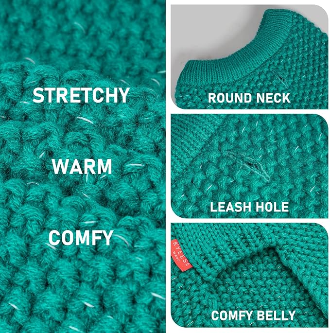 KYEESE Dog Christmas Sweater with Leash Hole for Small Dogs Male Warm Pullover with Reflective Yarn Soft Knit Pullover Boy Dog Coats Cozy Lightweight Thick Sweater Pet Indoor Outdoor Wear,Green,Small