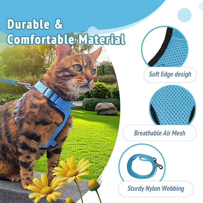 Cat Harness and Leash Set,Escape Proof Adjustable Cat Harness,Soft and Breathable Kitten Harness and Leash with Reflective Strips for Walking and Traveling(Light Blue, Small(8.9-16.6lb))