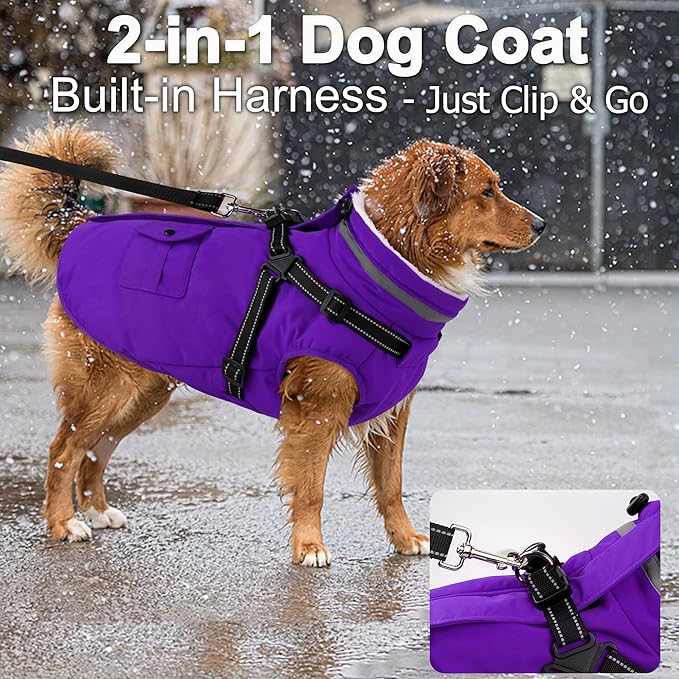 Dogcheer Dog Coat with Harness, Waterproof Warm Dog Winter Jacket with Pockets, Reflective Pet Fleece Jacket Turtleneck Snowsuit for Small Medium Large Dogs - Purple, L