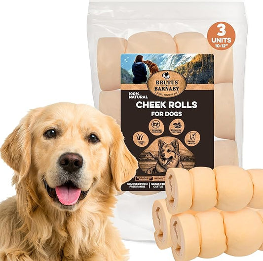 Premium Beef Cheek Rolls for Dogs 10-12" - (3-Pack) Long Lasting, Safe & Natural Rawhide Alternative Chews, Ideal for Large Dogs & Aggressive Chewers, Supports Dental Health & Digestion