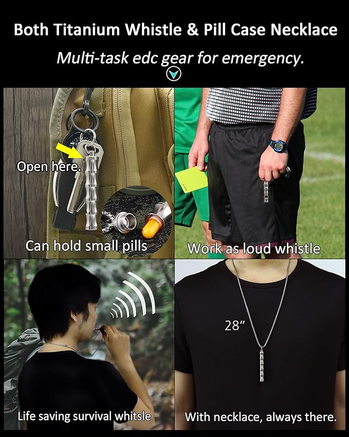 Titanium Pill Holder Necklace for Men Women Emergency Whistle Mini Keychain Nitro Pill Case with Loud Whistles EDC Safety Backpacking Survival Hiking Camping Pets Training