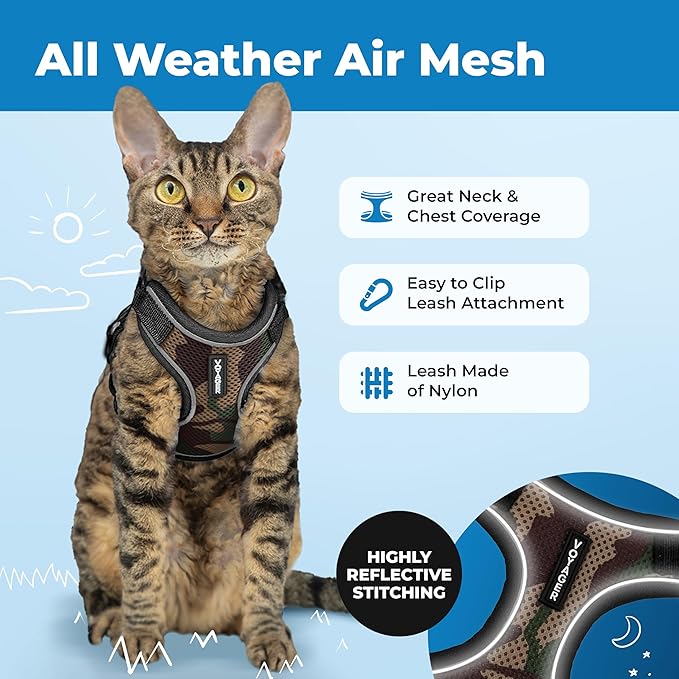 Voyager Escape Proof Cat Harness and Leash Set with Reflective Stitching, Neoprene Handle 5ft - Supports Small, Medium and Large Cats, Kittens for Walking by Best Pet Supplies - Army, S