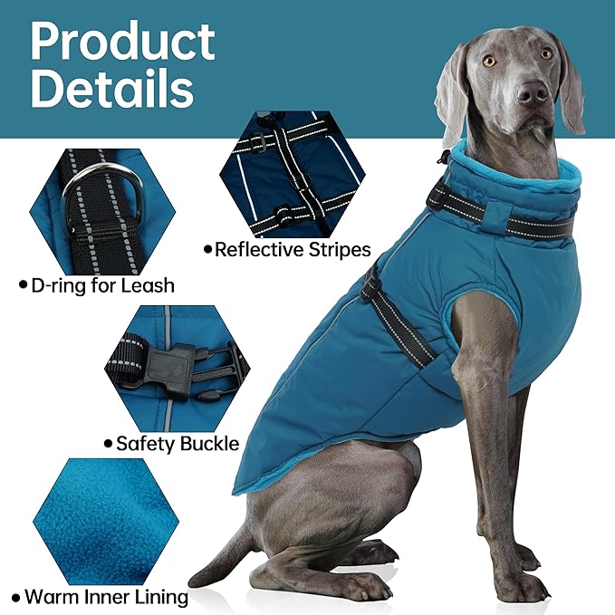 PUMYPOREITY Snow Jacket for Large Dogs Waterproof, Warm Dog Winter Coat with Harness Built in, Fleece Jacket with Back Zipper, Cold Weather Coats for Outdoor, Windproof Pet Snowsuit, Blue, 2XL