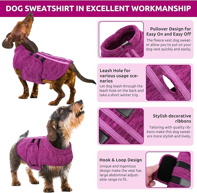 Queenmore XL Dog Sweaters, Soft Fleece Vest Pullover Dog Jacket with Leash Hole, Warm Winter Dogs Clothes Cold Weather Doggy Dachshund Sweater for Large Dogs Cats Boy or Girl (Cationic Berry, XL)