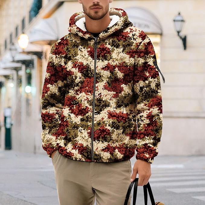 Men's Camouflage Hunting Fleece Lined Hoodie Camo Jackets Zip Up Long Sleeve Casual Winter Coats Hood Outerwear