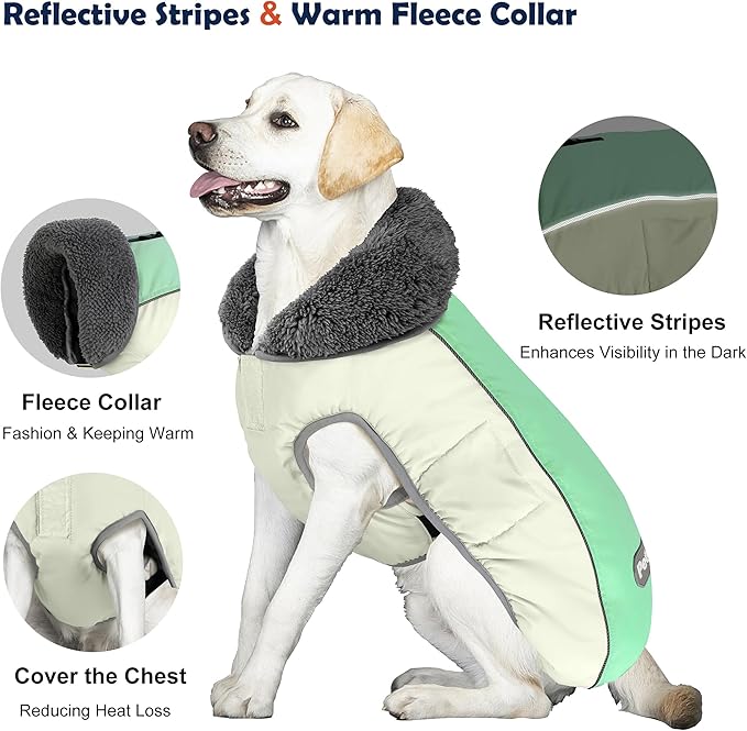 Dog Coat, Waterproof Dog Winter Jacket with Leash Hole, Reflective Adjustable Pet Fleece Sweater, Warm Snow Vest for Small Medium Large Dogs - Candy Green, XL